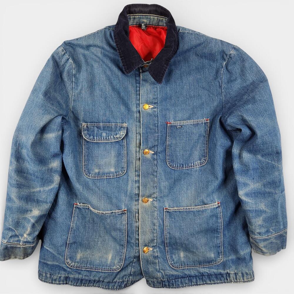 Vintage 70s Wrangler Chore Coat Mens 46 Blue Denim Red Quilt Lined Cord Collar